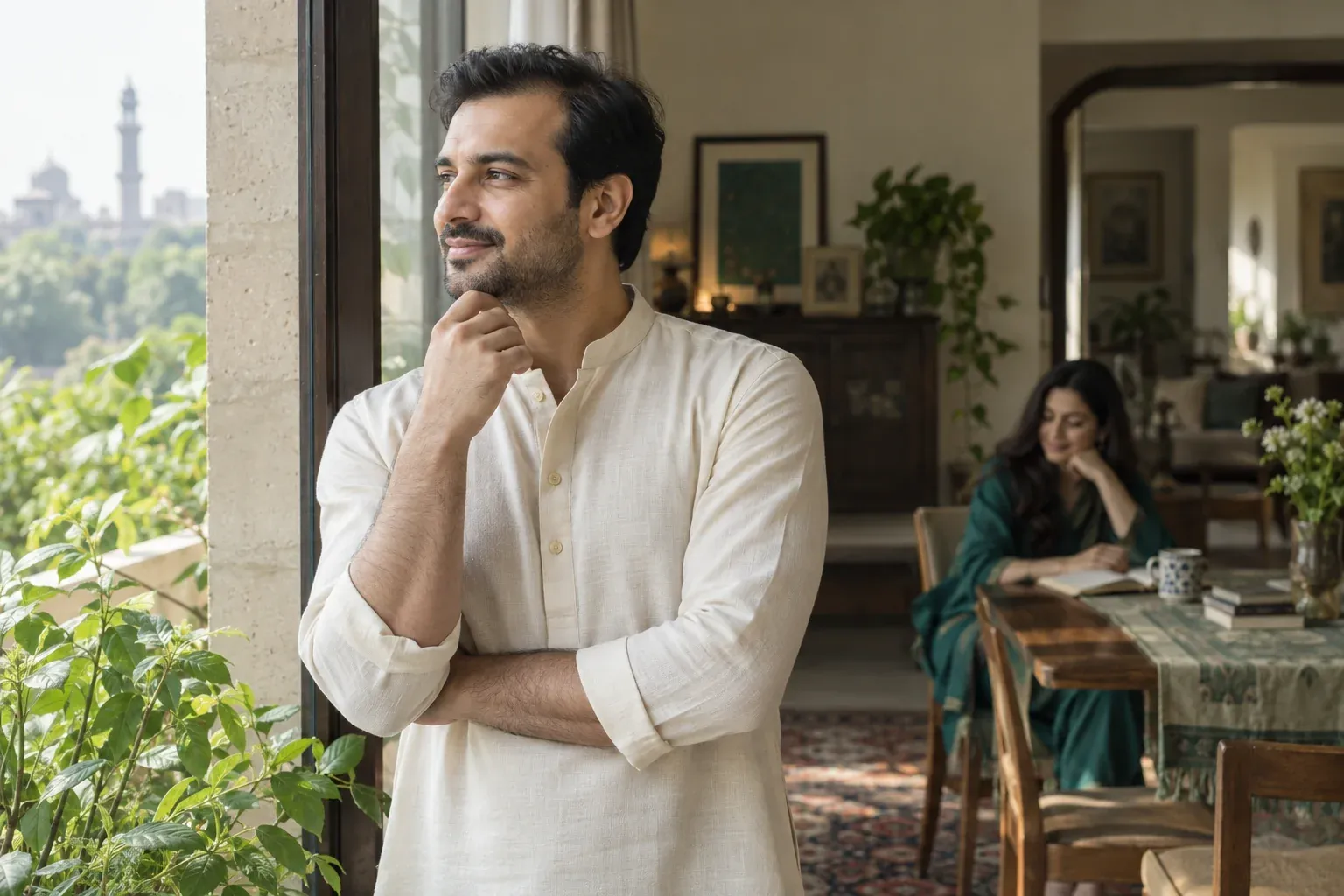 Pakistani man at home, with a woman in the background