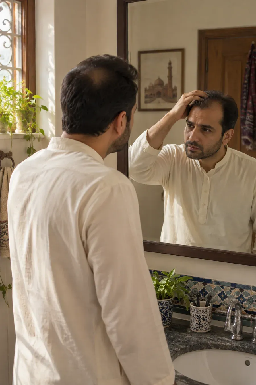 Pakistani man checking his hairline in a mirror at home
