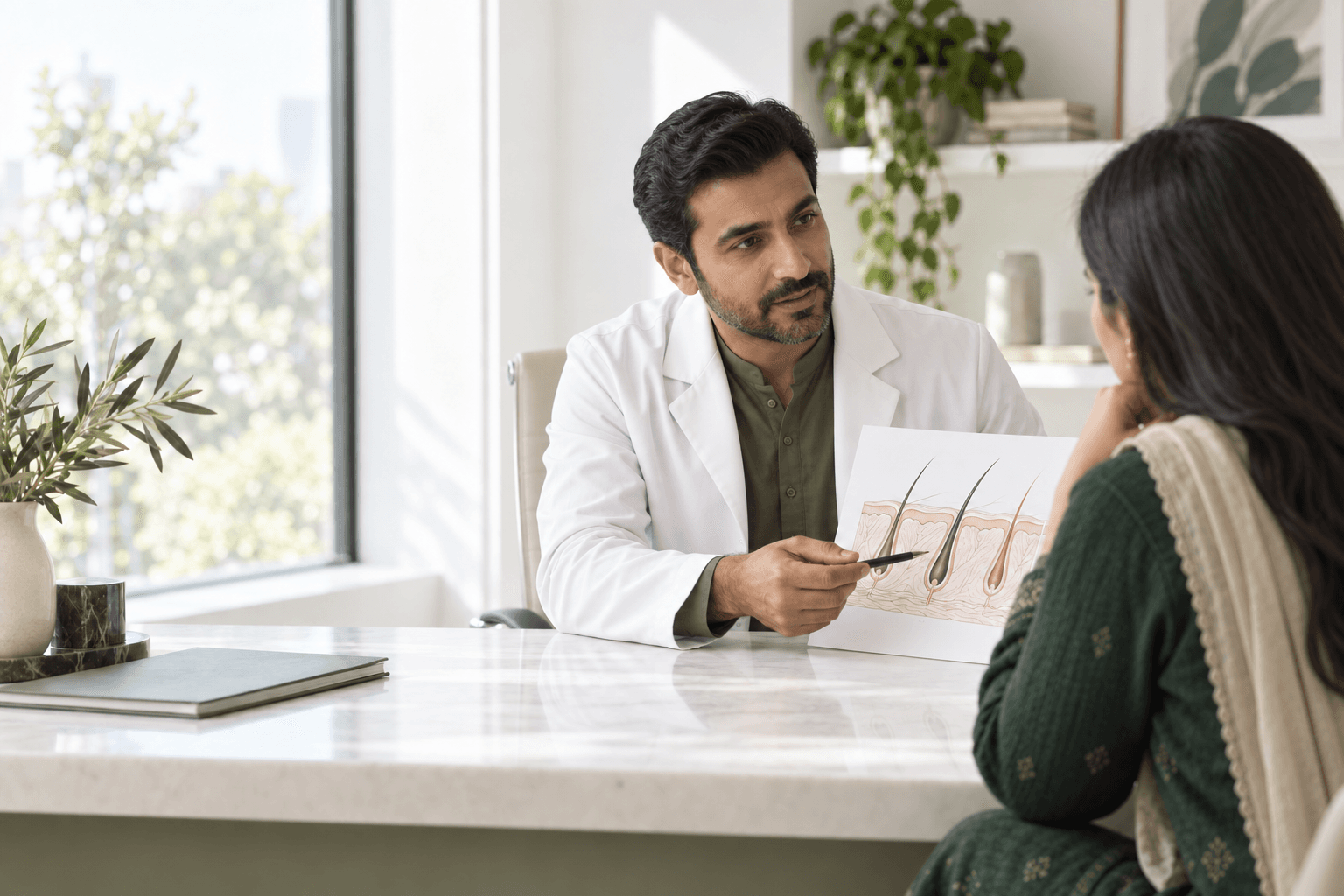 Dermatologist speaking with a patient about hair loss